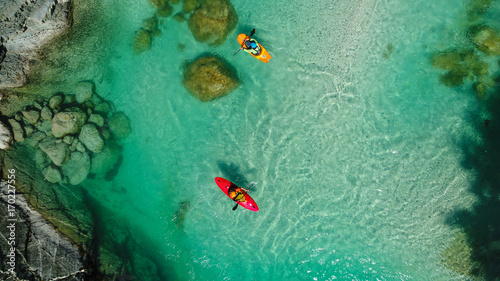 Whitewater Rafting on the Emerald waters of Soca river, Slovenia, are the rafting paradise for adrenaline seekers and also nature lovers, aerial view. © janossygergely