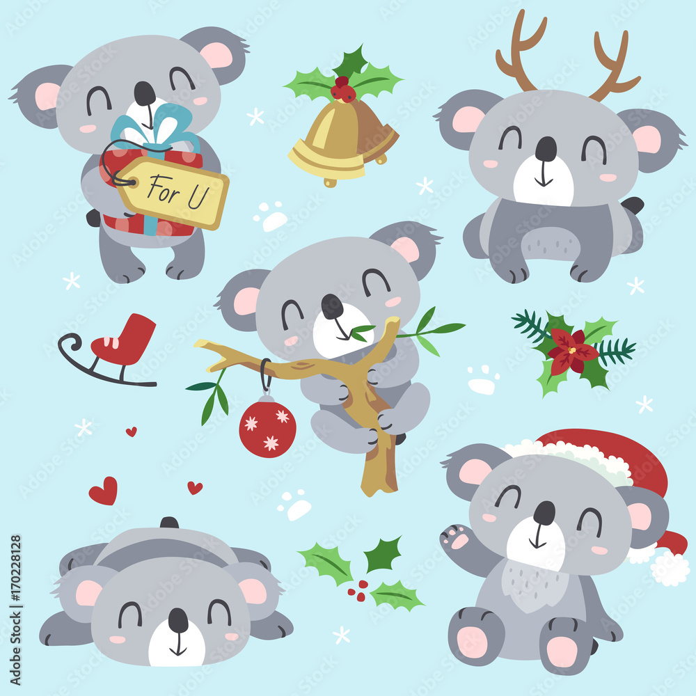 Naklejka premium vector cartoon koala christmas kawaii set
