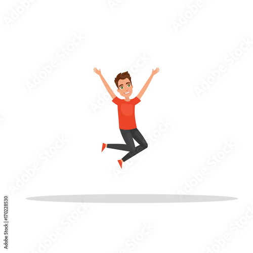 Happy group of man, boy jumping on a white background. The concept of friendship, healthy lifestyle, success. Vector illustration in a flat and cartoon style