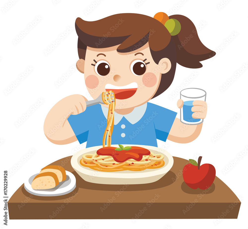 A Little girl happy to eat Spaghetti with Fork on Plate. A Little girl happy to eat Spaghetti with Fork on Plate.