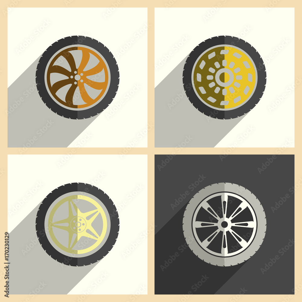 Car wheel set of flat icons with shadow. Vector illustration