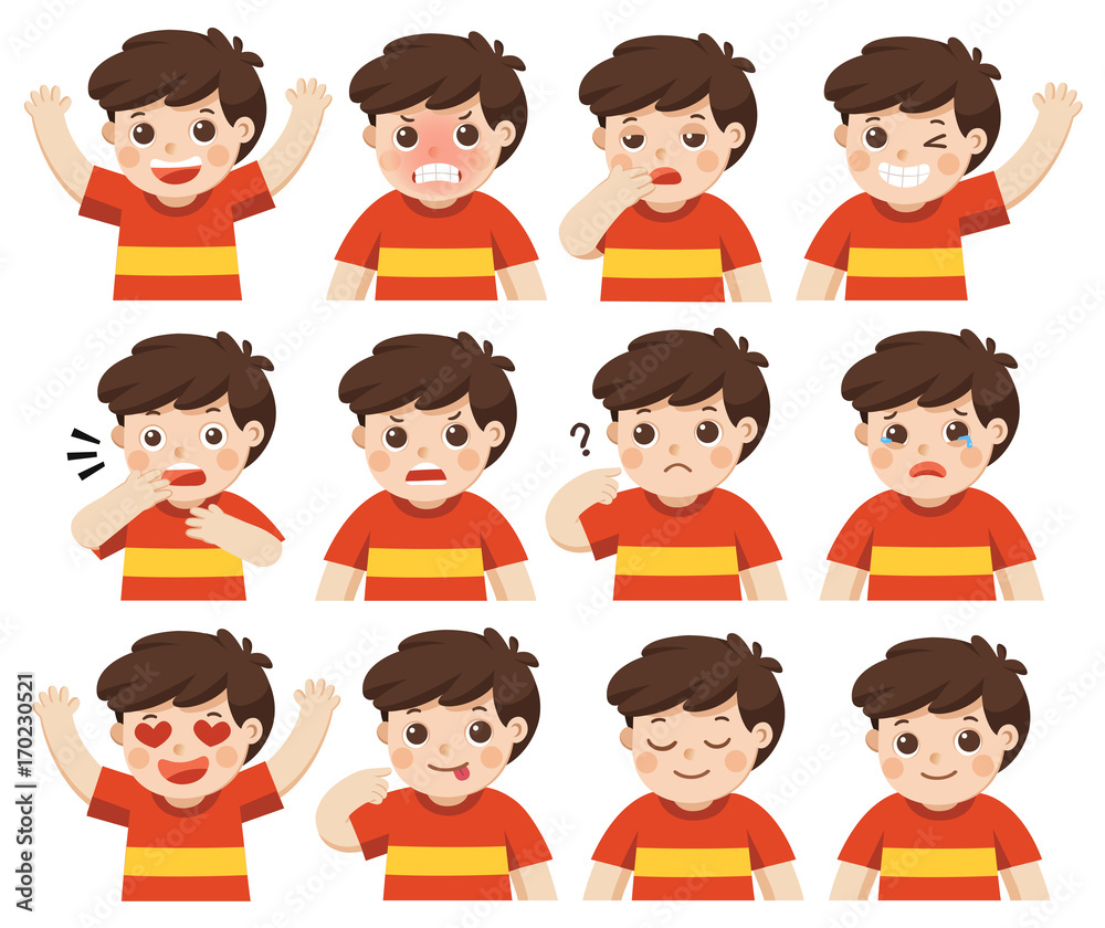 Set of Adorable Boy facial emotions. Boy face with different expressions. Schoolboy portrait avatars. Variety of emotions teen guy. Isolated vector Set of Adorable Boy facial emotions. Boy face with different expressions. Schoolboy portrait avatars. Variety of emotions teen guy. Isolated vector