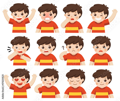 Set of Adorable Boy facial emotions. Boy face with different expressions. Schoolboy portrait avatars. Variety of emotions teen guy. Isolated vector