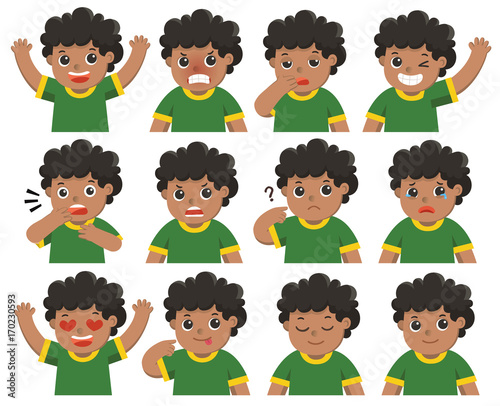 Isolated vector. Set of Adorable Boy facial emotions. Boy face with different expressions. Schoolboy portrait avatars. Variety of emotions teen guy.