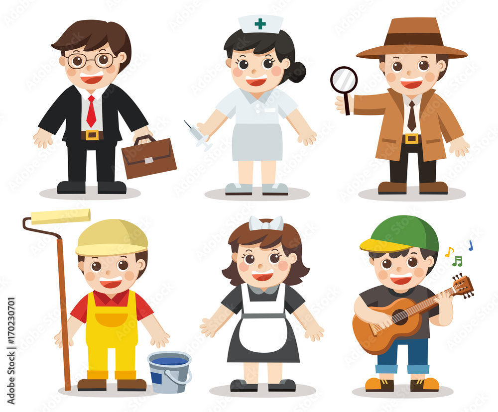 Kid Set of different professions. Musician, Maid, Detective, Nurse, Painter, Office Worker. Vector illustration in a flat style Kid Set of different professions. Musician, Maid, Detective, Nurse, Painter, Office Worker. Vector illustration in a flat style