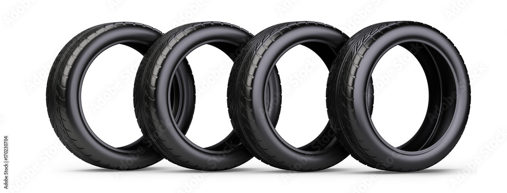 Set of four new black tyres for car. Isolated on white background 3d illustration. Set of four new black tyres for car. Isolated on white background 3d illustration.