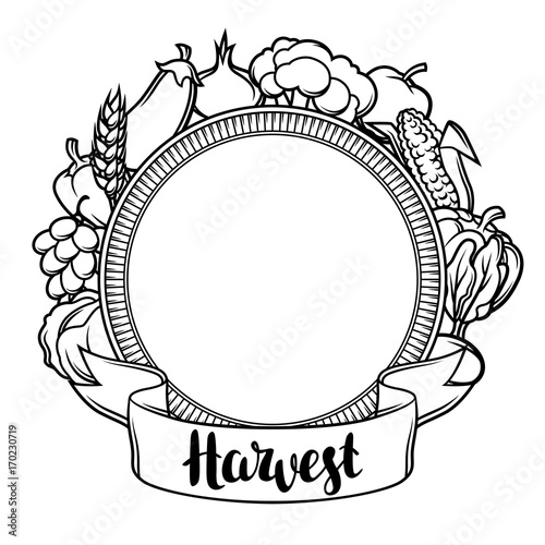 Harvest decorative element. Autumn illustration with ribbon, seasonal fruits and vegetables