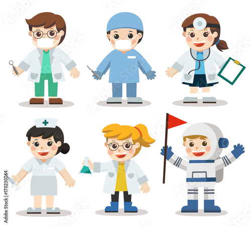 Kid Set of Different Medicine and Health care professions. Doctor, Scientist, Dentist, Astronaut, Nurse. Hospital workers. Vector illustration in a flat style. Isolated vector