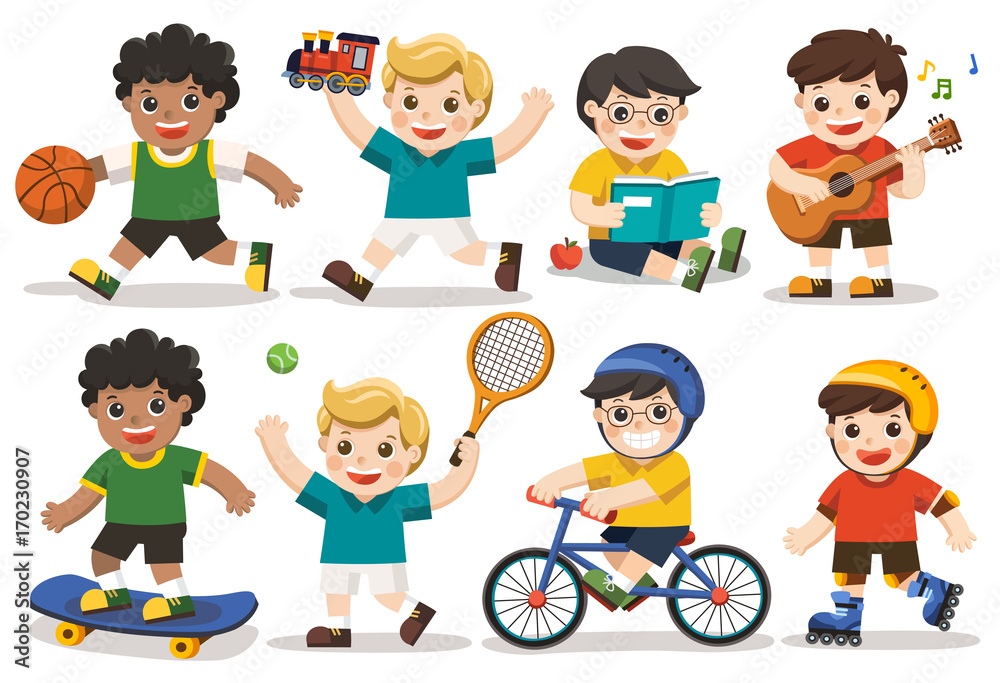Set of adorable boys activity, some of cute boys playing with toys, read a book, playing sport including basketball, athletic, tennis, bicycle, skate rolling. Playing guitar and singing happily. Set of adorable boys activity, some of cute boys playing with toys, read a book, playing sport including basketball, athletic, tennis, bicycle, skate rolling. Playing guitar and singing happily.
