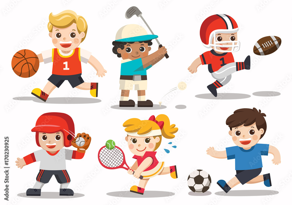 Team sports for kids including Football, Basketball, American Football, Baseball, Tennis, Golf.