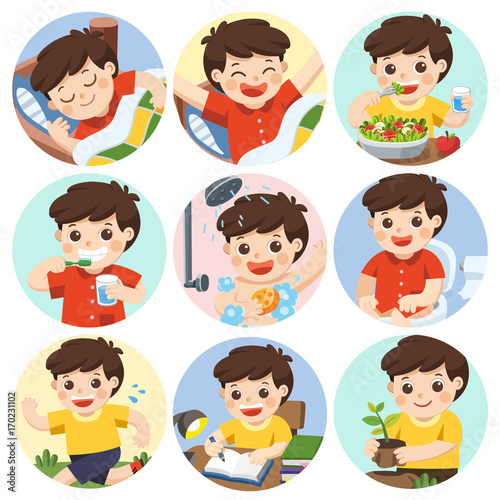 The daily routine of a cute boy on a white background. [sleep, brush teeth, take a bath, eat, wake up, draw a picture, sitting on the toilet, running, plant a tree]. Isolated vector