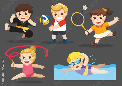 Team sports for kids including Gymnastic, Volleyball, Swimming, Badminton , Karate.