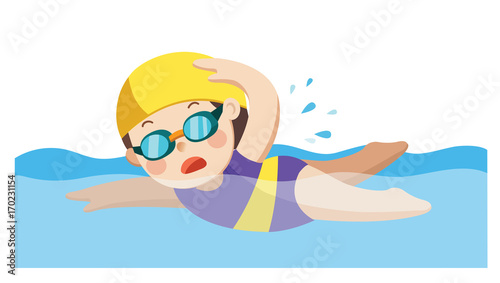 Cheerful and active little girl swimming happy in the swimming pool