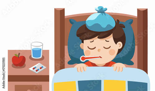 Sick cute boy sleep in bed with a thermometer in mouth and feel so bad with fever.