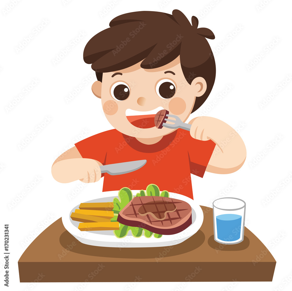 A Cute Boy Is Eating Steak With Vegetables For A Lunch Stock Vector 
