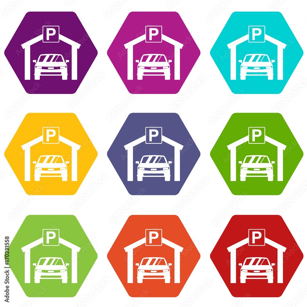 Car parking icon set color hexahedron