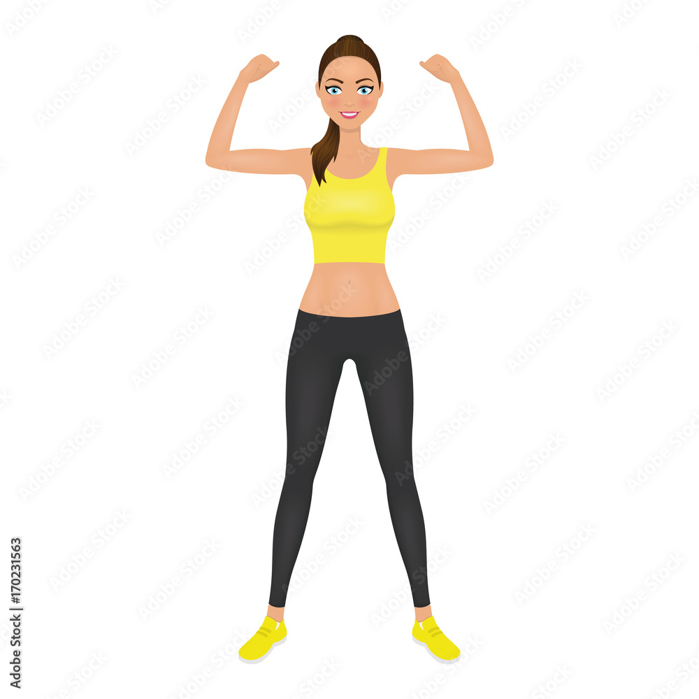 Pretty young fit woman showing her biceps. Smiling girl in leggings and crop top. Isolated vector character. Pretty young fit woman showing her biceps. Smiling girl in leggings and crop top. Isolated vector character.