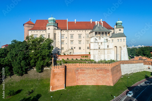 Historic royal Wawel castle in Krakow, Poland,  Aerial view in the morning