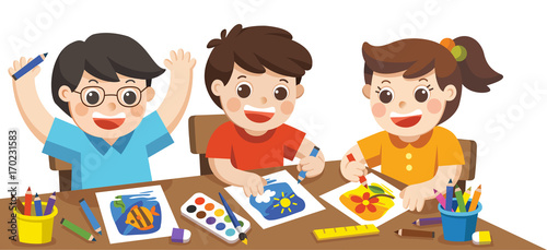 Back to school. Happy creative kids playing, painting,sketching in art class. Education and Enjoyment Concept