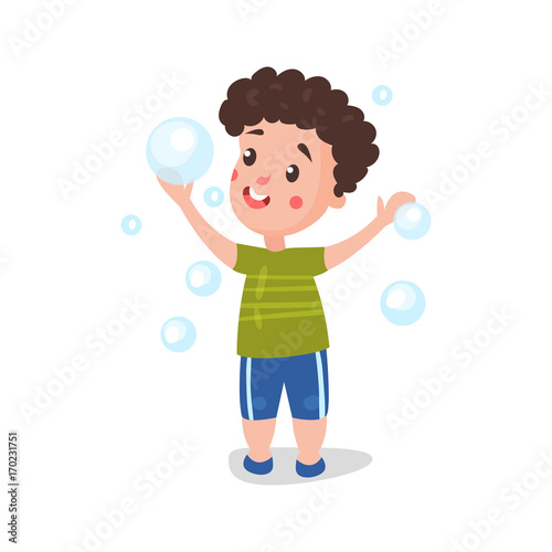 Cute cartoon little boy having fun playing with soap bubbles vector Illustration