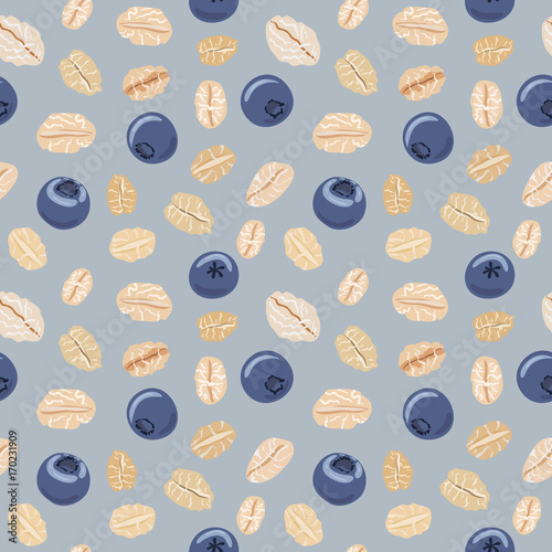 Seamless pattern with oat flakes and blueberries. Vector seamless pattern, hand drawn illustration. Oat flakes and blueberry background.
