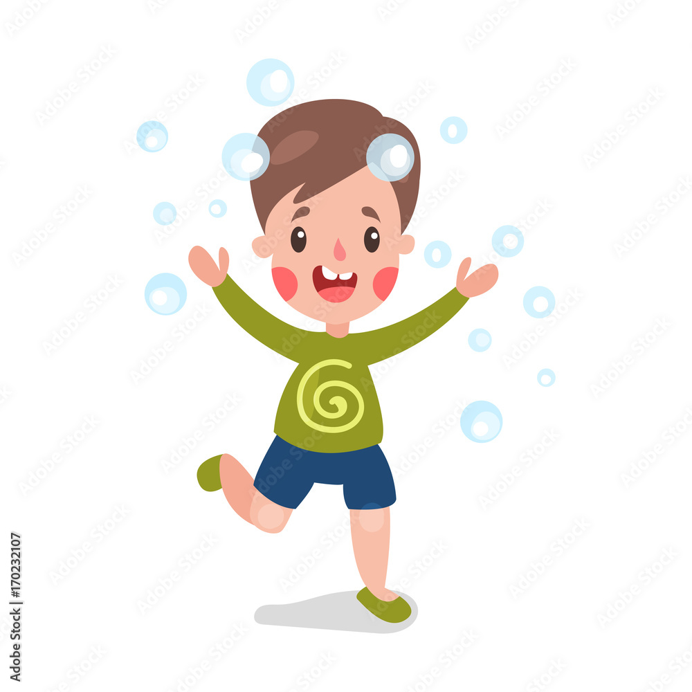 Cute cartoon smiling little boy having fun playing with soap bubbles vector Illustration