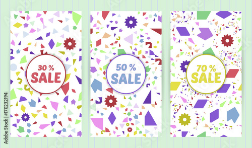 Sale templates, discount banner with rando, chaotic, scattered geometric elements, colorful background. Vector illustration