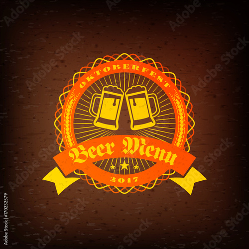 Beer festival Oktoberfest celebrations. Vintage beer label on the brown wooden textured background. Vector design element