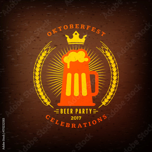 Beer festival Oktoberfest celebrations. Vintage beer label on the brown wooden textured background. Vector design element
