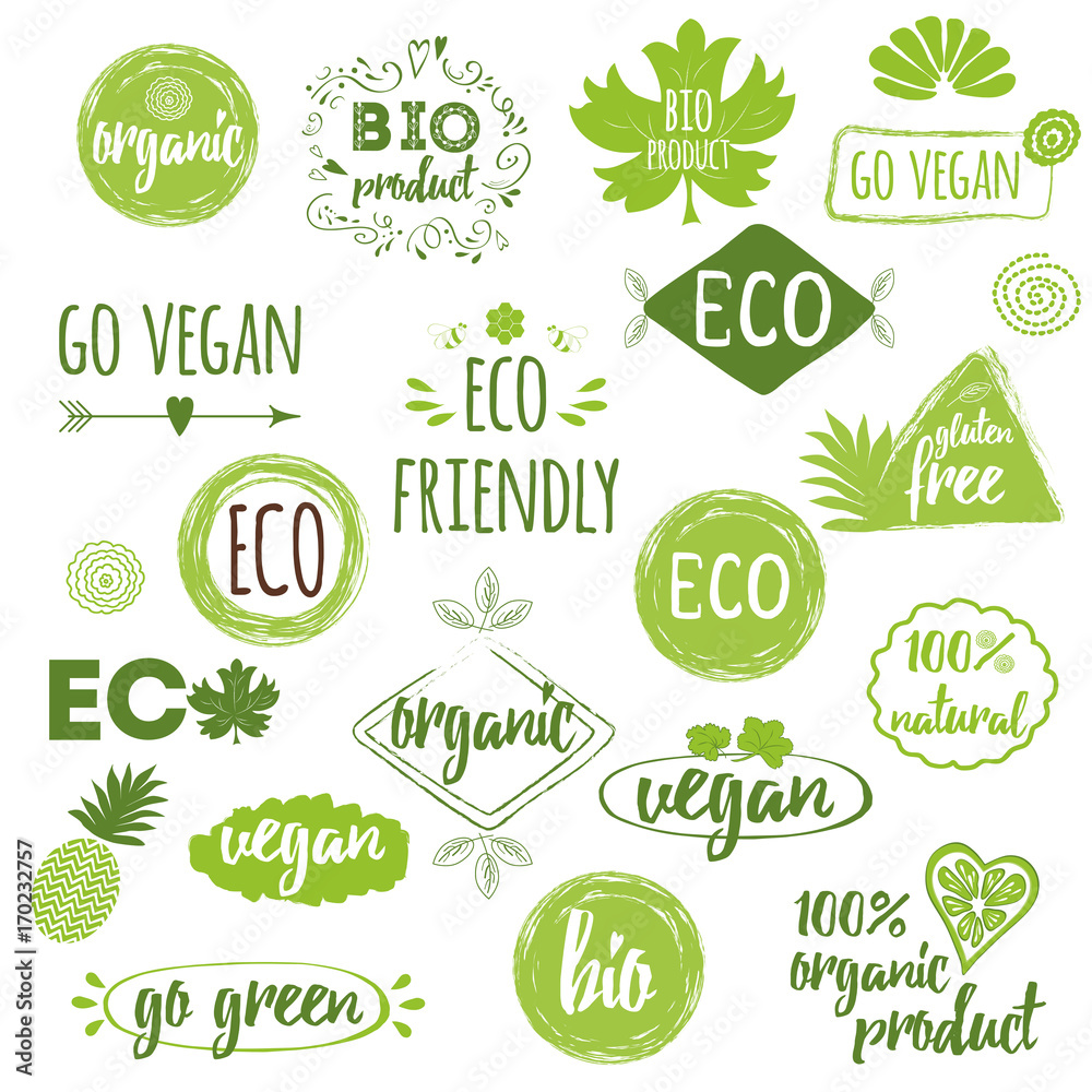 Bio, Eco, Organic logos, icons, labels, tags. Hand drawn set with vegan,  natural badges vector de Stock | Adobe Stock