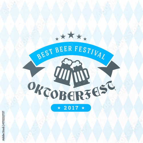 Beer festival Oktoberfest celebrations. Vintage beer badge on the traditional Bavarian linen flag background