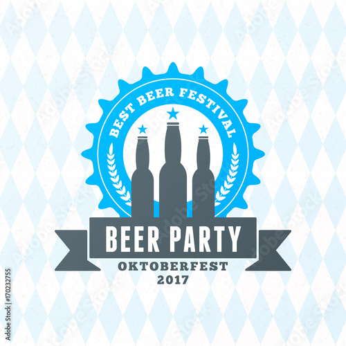 Beer festival Oktoberfest celebrations. Vintage beer badge on the traditional Bavarian linen flag background