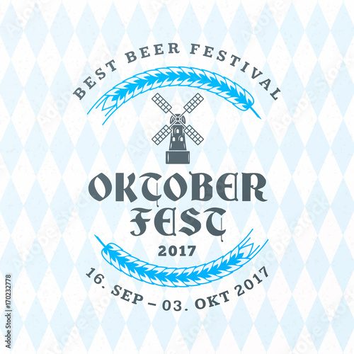 Beer festival Oktoberfest celebrations. Vintage beer badge on the traditional Bavarian linen flag background