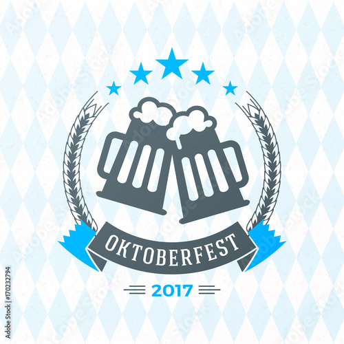Beer festival Oktoberfest celebrations. Vintage beer badge on the traditional Bavarian linen flag background