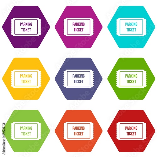 Parking ticket icon set color hexahedron