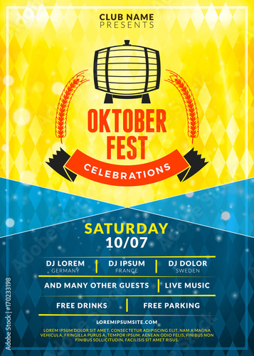 Oktoberfest beer festival celebration. Typography poster or flyer template for beer party. Vintage beer label on the golden beer background with light effects