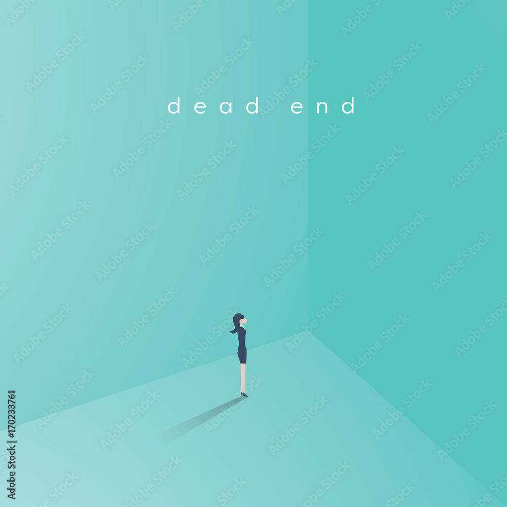 Business career dead end job vector concept. Businesswoman standing in corner as symbol of need for change, new opportunity, direction, challenge.
