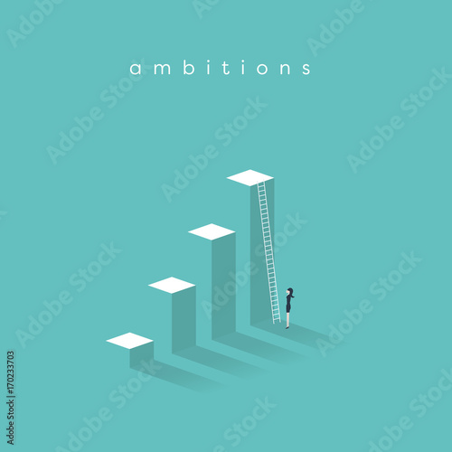 Business ambition, success and corporate ladder vector concept. Businesswoman standing in front of ladder trying to get promotion or to new opportunities.
