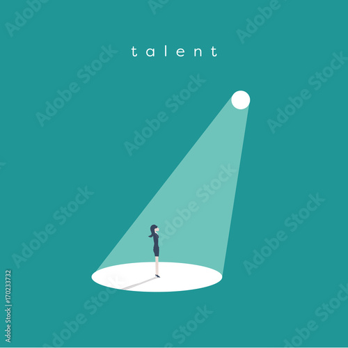 Business recruitment or hiring vector concept. Looking for talent. Businesswoman standing in spotlight or searchlight looking for new career opportunities. photo