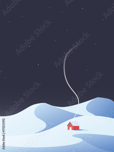 Winter cabin, chalet, house in snowy mountains nature scenery. Symbol of winter relax, retreat.