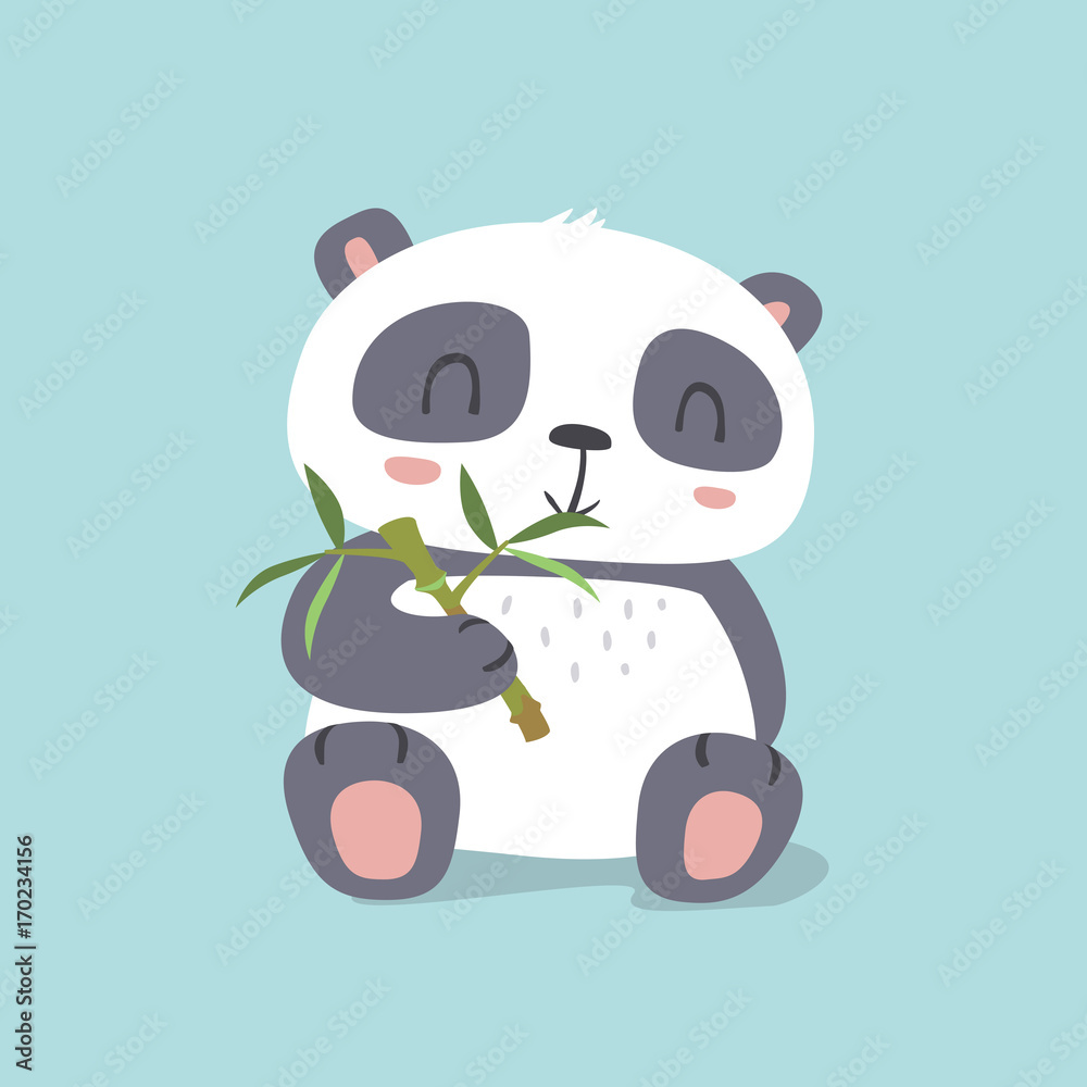Fototapeta premium vector cartoon kawaii style cute panda eating bamboo illustration
