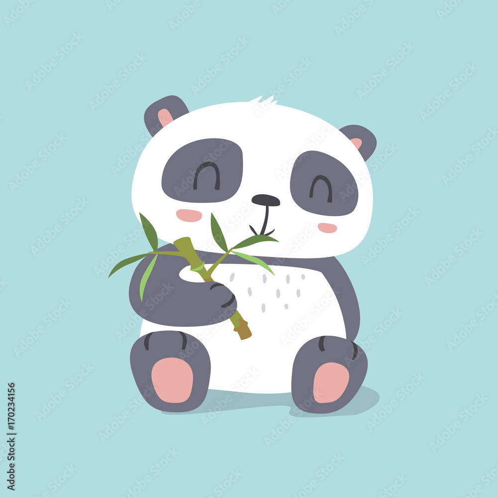 Obraz premium vector cartoon kawaii style cute panda eating bamboo illustration