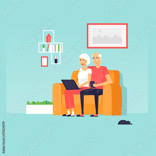 Pensioners are sitting on the Internet. Flat design vector illustration.