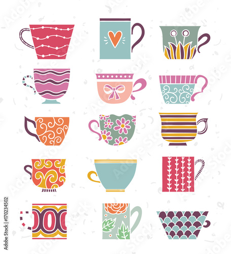 Cute vector cups with coffee, tea, cocoa. Funny cups illustrations