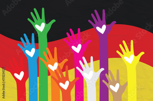 Open hand raised with German flag, multi purpose concept, German flag painted vector.
