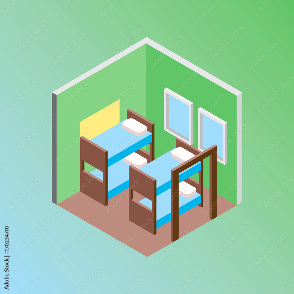Isometric hostel bed room vector illustration