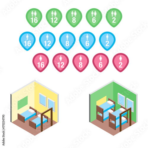 Isometric hostel bed rooms vector illustration photo