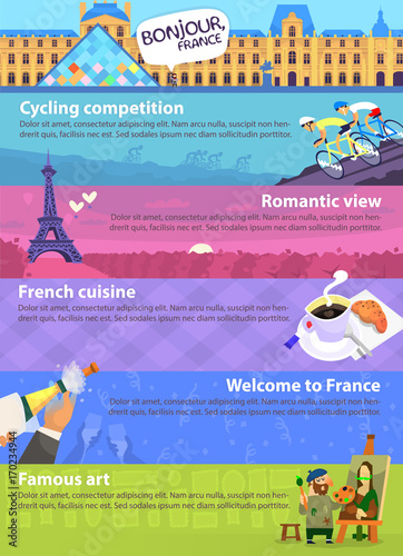 Colorful vector travel banners with French sights, cuisine and views of beautiful architecture