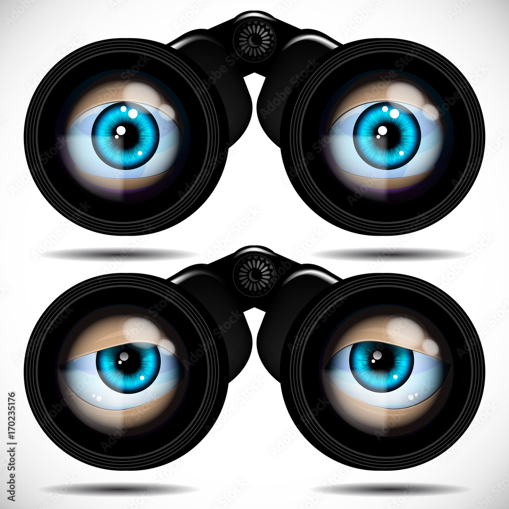 Blue eyes looking through binoculars. Different emotions. Stock Vector