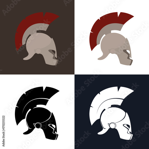 Set of Four Kind Greek Helmet ,Color and Silhouette Antiques Roman Helmet for Head Protection Legionary with a Crest of Feathers or Horsehair with Slits for the Eyes, Vector Illustration